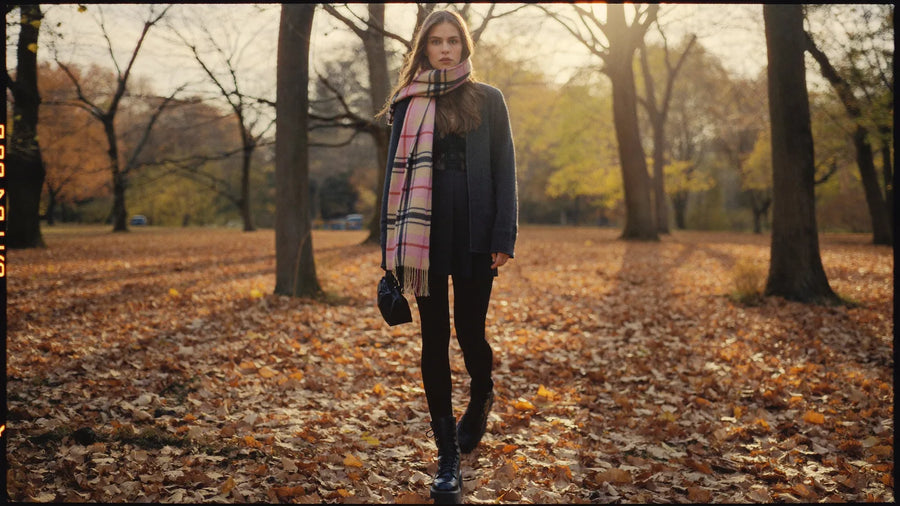 Alt autumn outfit with a black pleated skirt, opaque tights, platform boots and an oversized cardigan among fallen leaves