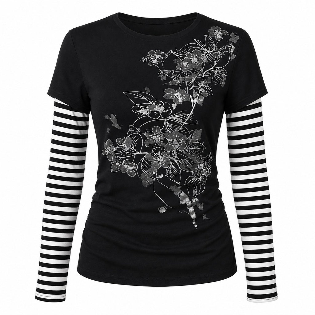 Floral Print Striped Sleeve Layered Punk T-Shirt - AltBrat