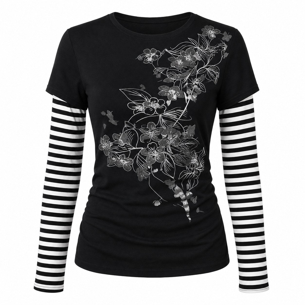 Floral Print Striped Sleeve Layered Punk T-Shirt - AltBrat