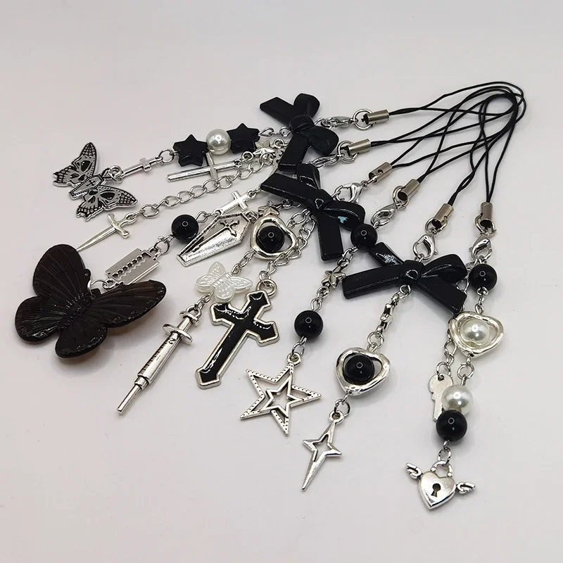 Black Punk Y2K Phone Pendant Chain Cool Girl Sweet Pink Beaded Charm With Cross Butterfly Love Accessories For iPhone Ca - AltBrat