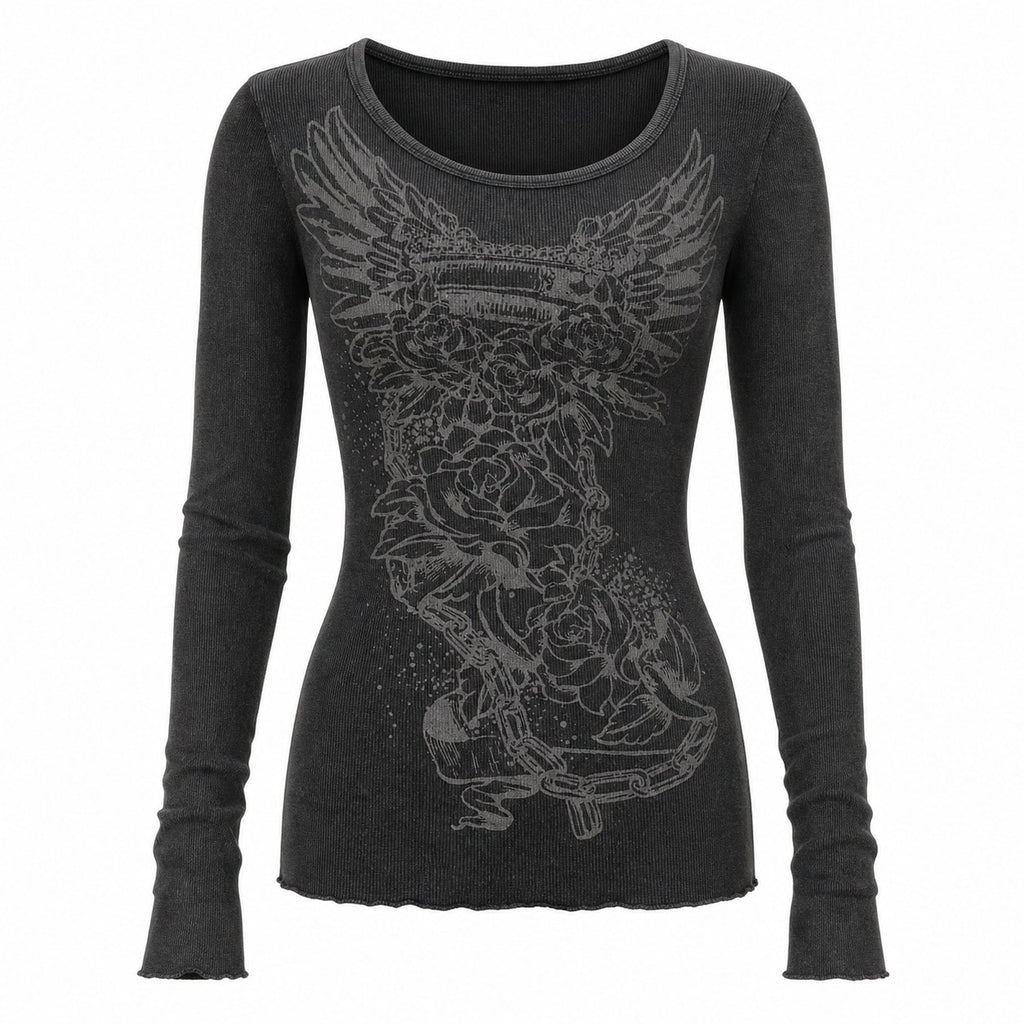 Winged Heart Skull Print Ribbed Long Sleeve Top - AltBrat