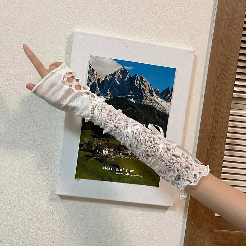 Women Lolita Jk Lace Fingerless Gloves Black Gothic DIY Strapping Sunscreen Sleeve Clothing Accessories Elastic Mesh Pun - AltBrat