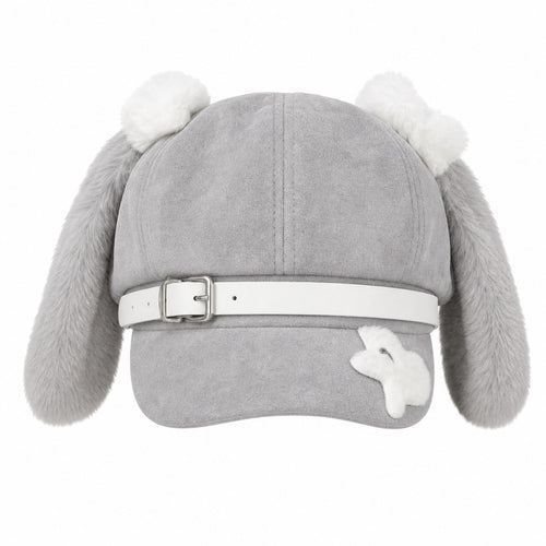 Bunny Ear Suede Newsboy Cap with Belt Buckle - AltBrat