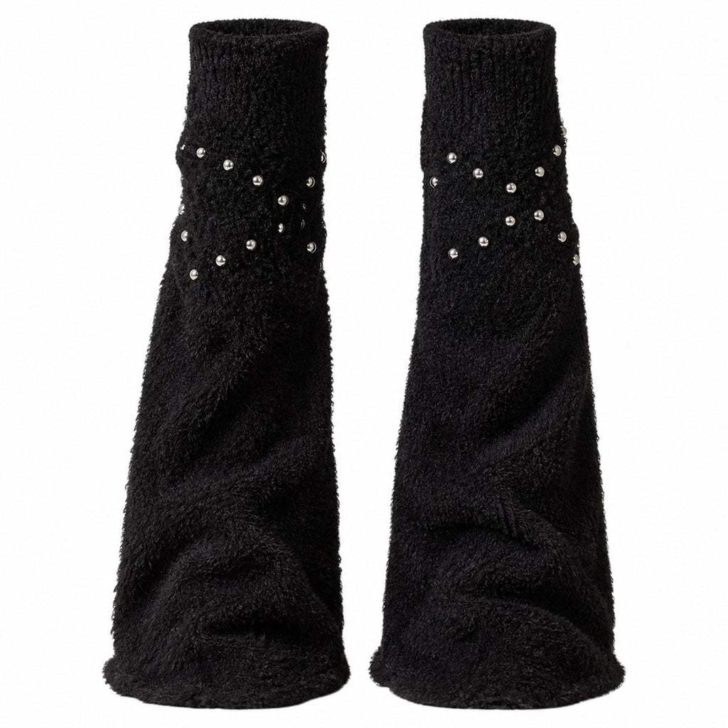 Fuzzy Knit Leg Warmers with Studded Straps - AltBrat