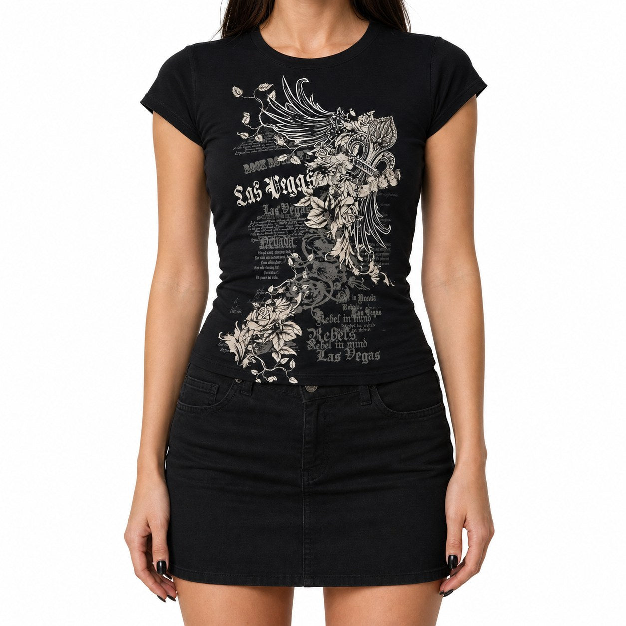 Winged Cross Rose Print Y2K Baby Tee - AltBrat