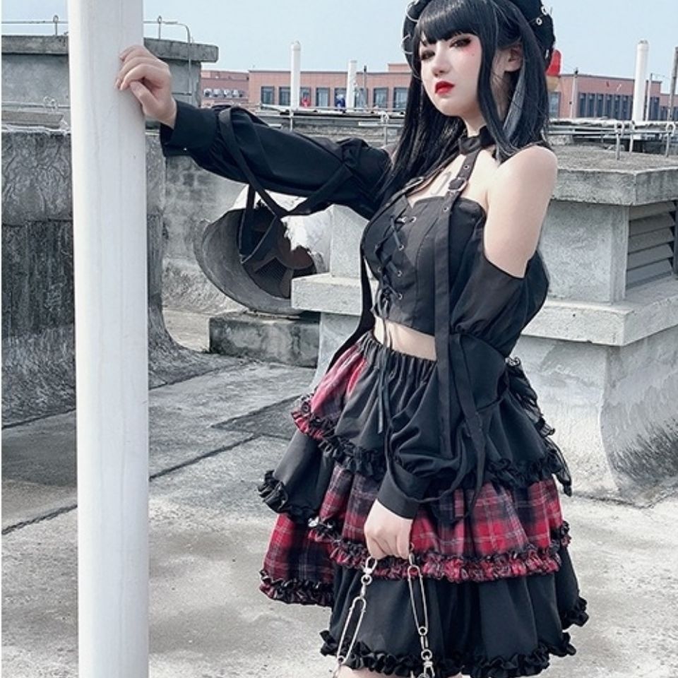 Red Grid Puff Skirt - Skirts detail view 4 | Cute Splikes
