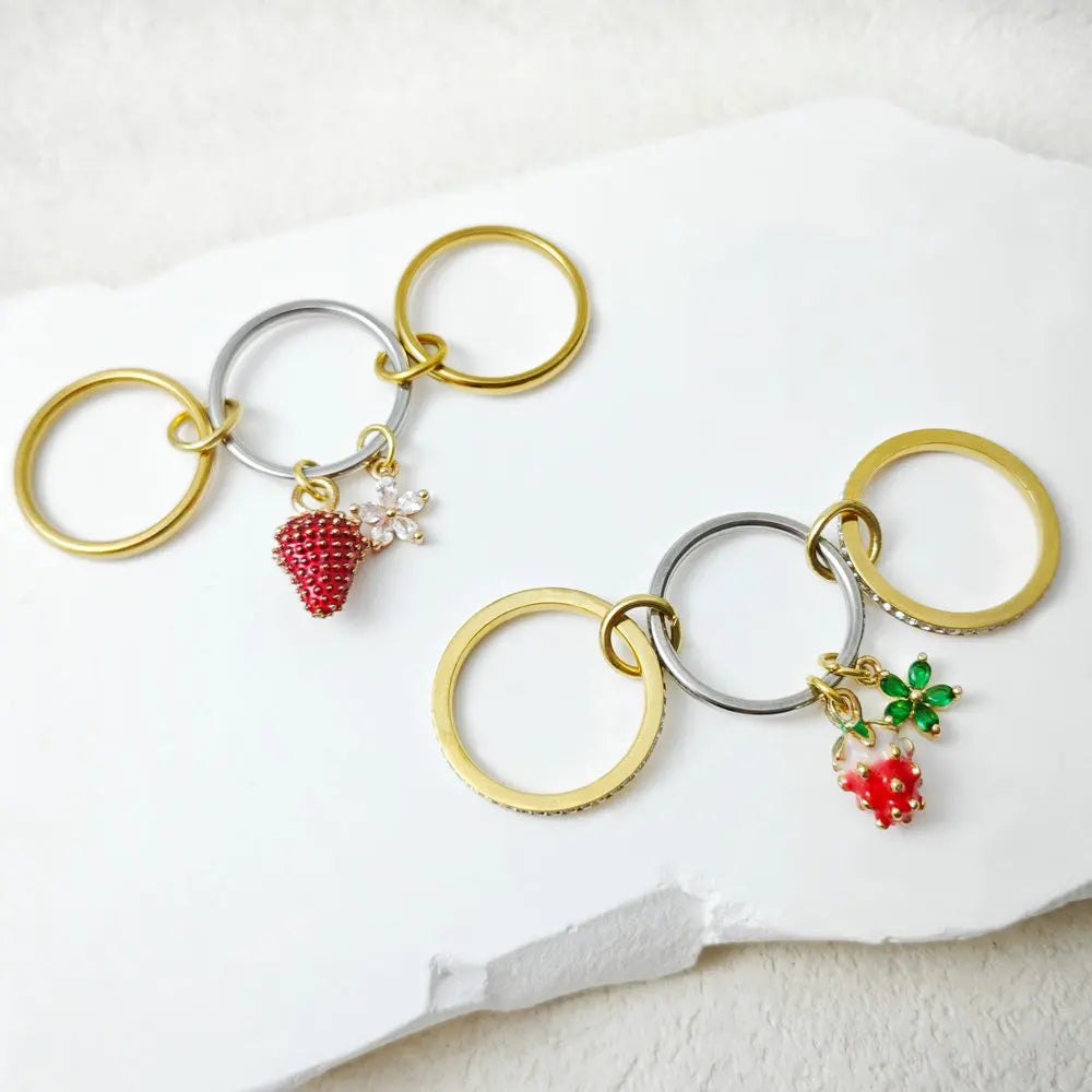 Sweet Strawberry Flower Charm Ring Set For Female INS New Stainless Steel Stacking Spinelli Kilcollin Rings Handmade Y2K - AltBrat
