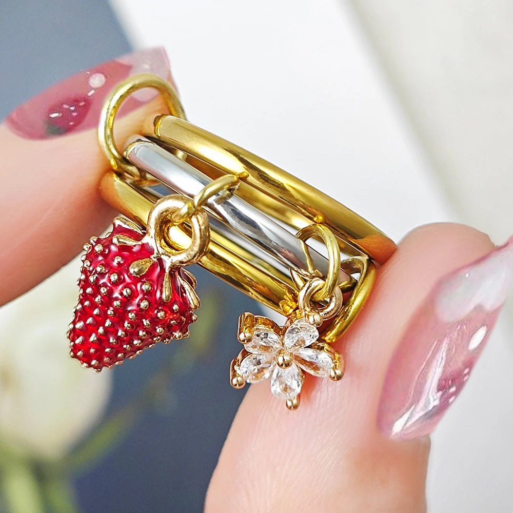 Sweet Strawberry Flower Charm Ring Set For Female INS New Stainless Steel Stacking Spinelli Kilcollin Rings Handmade Y2K - AltBrat