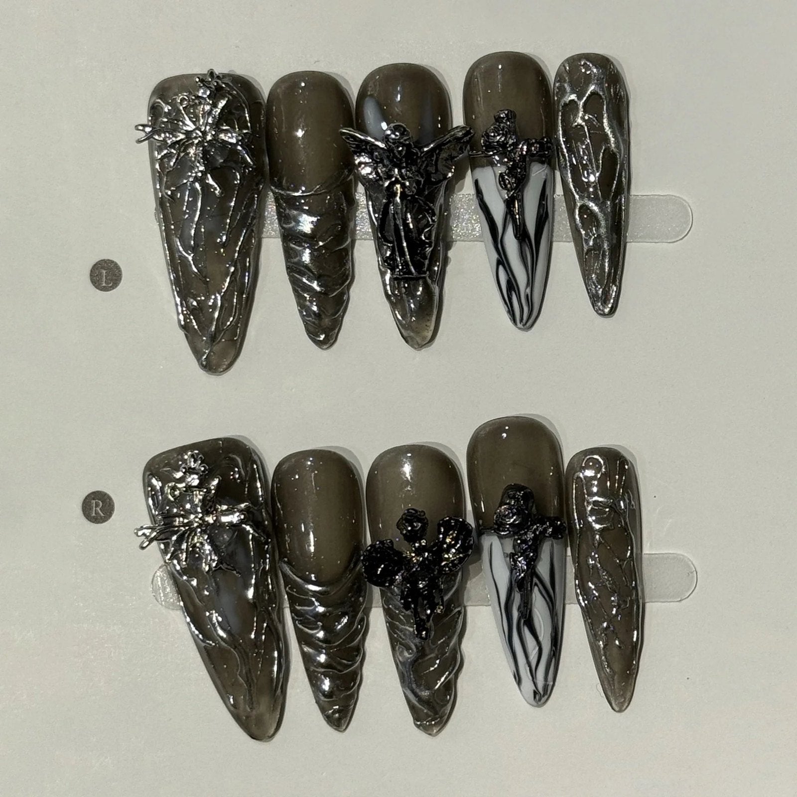 Long Stiletto Press on Fake Nails Blue Heart Diamond Bow Decoration False Nail Y2K Fashion Artificial Nail Handmade Acry - AltBrat