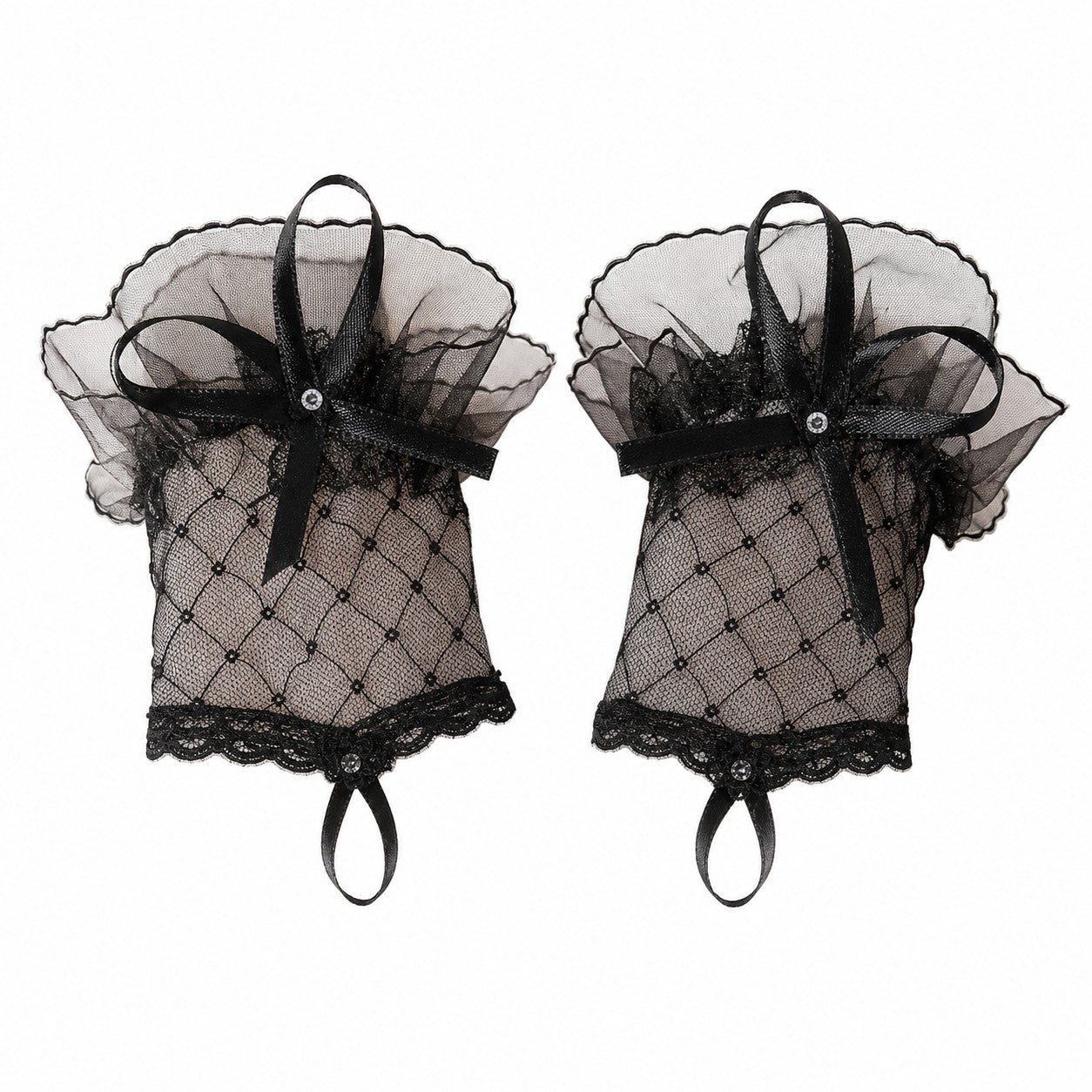 Black Lace Fishnet Wrist Gloves with Bow