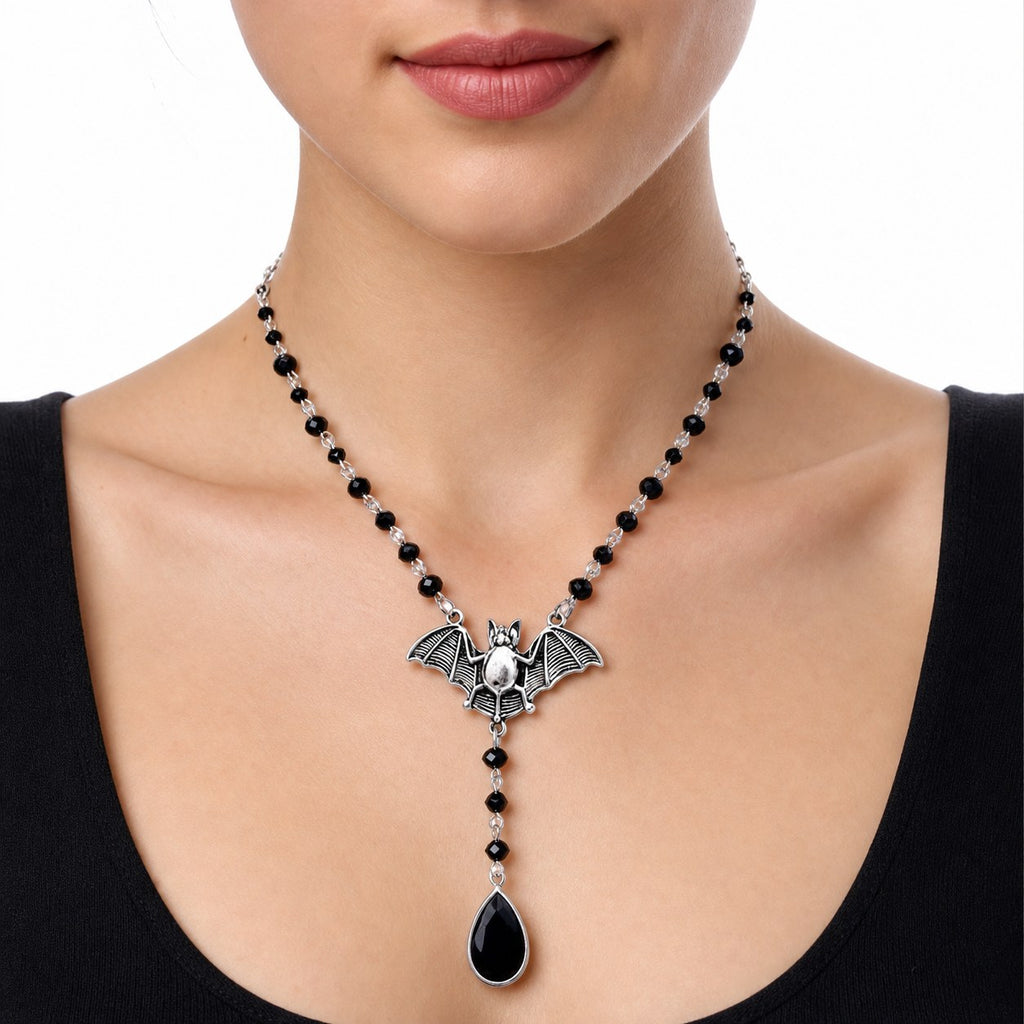 Gothic Bat Necklace with Black Crystal Beads - AltBrat