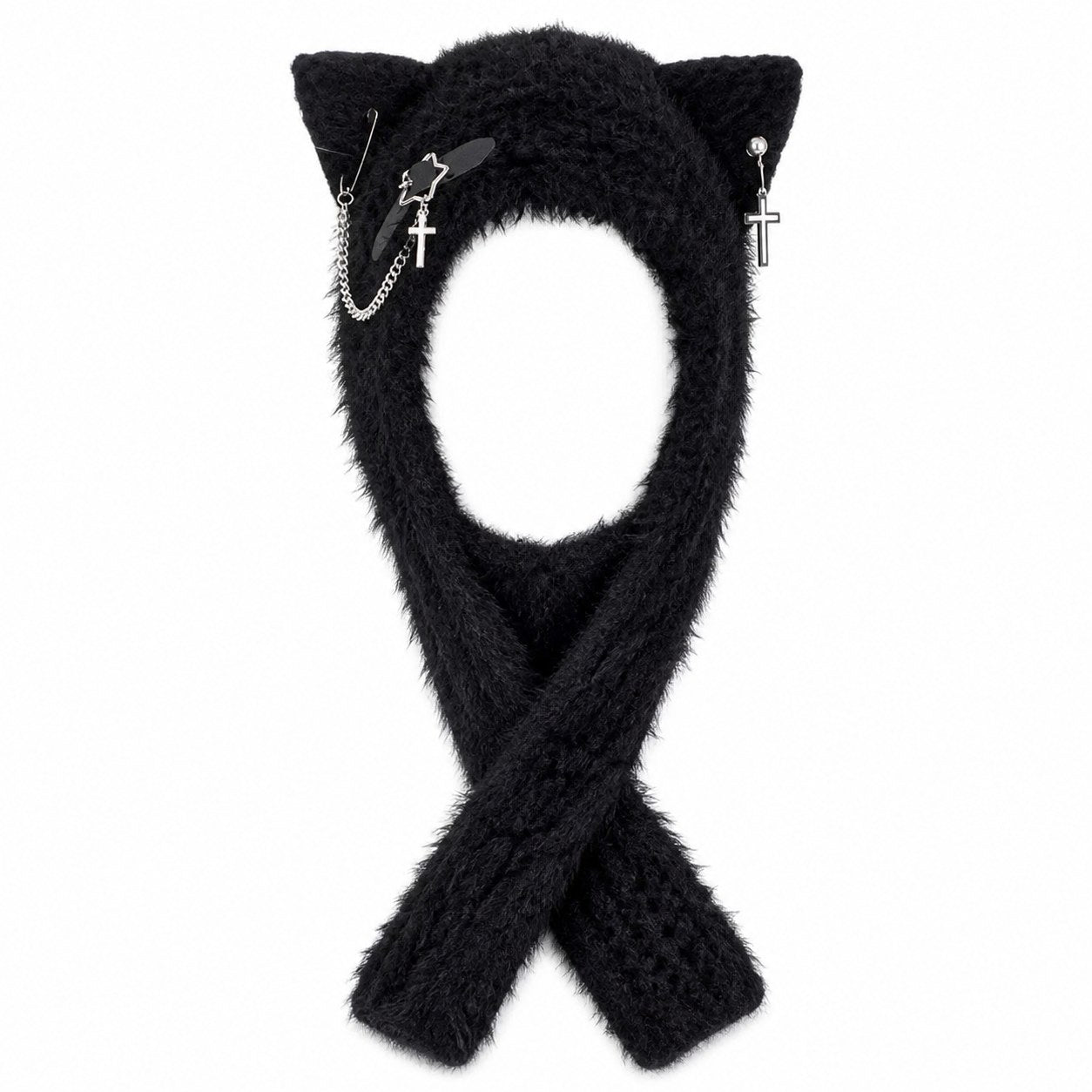 Knit Cat Ear Hood Hat with Scarf Ties - AltBrat