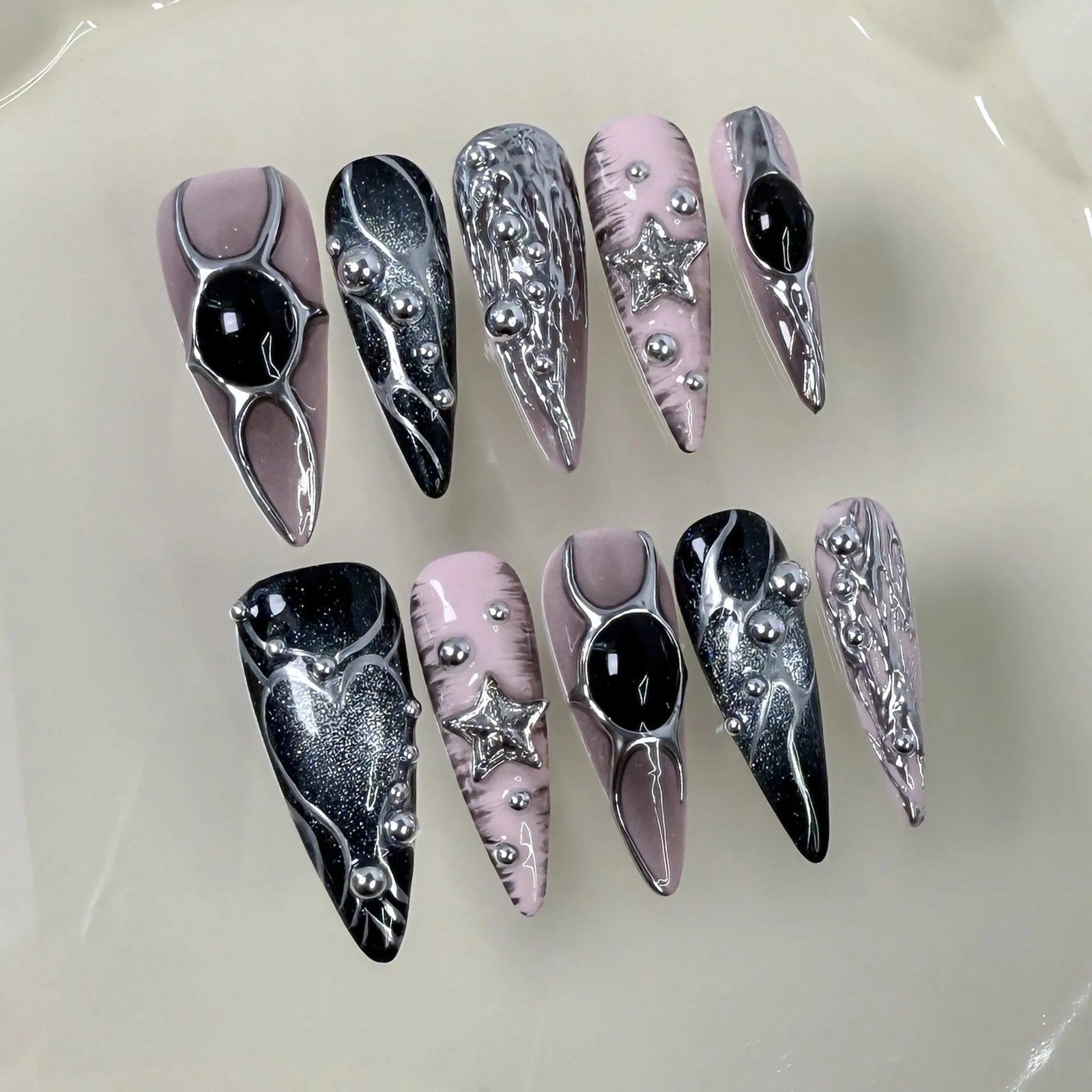 Long Stiletto Press on Fake Nails Blue Heart Diamond Bow Decoration False Nail Y2K Fashion Artificial Nail Handmade Acry - AltBrat