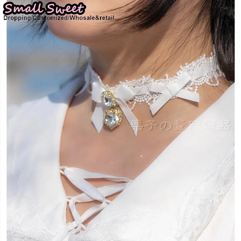 Handmade Choker Necklaces Double Pearl bow love jewelry gemstone sweet Cute Kawaii Collar Lolita Collarbone Chain Ceckla - AltBrat