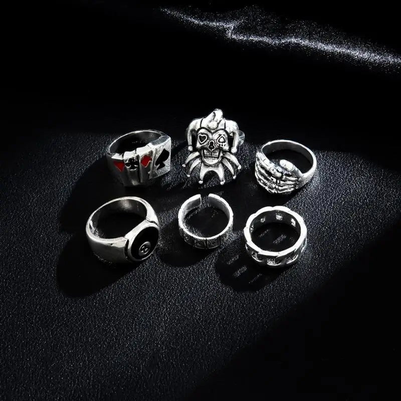 6Pcs Punk Poker Joker Silver Color Rings Set for Men Goth Skeleton Billiards Set Couple Emo Fashion Jewelry Anillos Homb - AltBrat