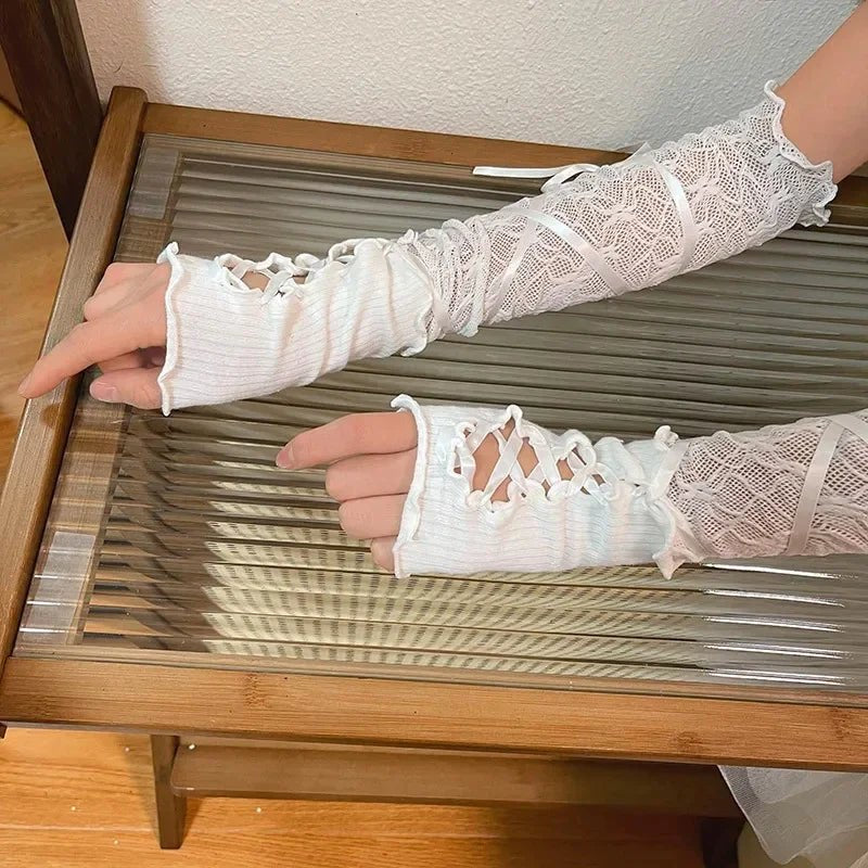 Women Lolita Jk Lace Fingerless Gloves Black Gothic DIY Strapping Sunscreen Sleeve Clothing Accessories Elastic Mesh Pun - AltBrat