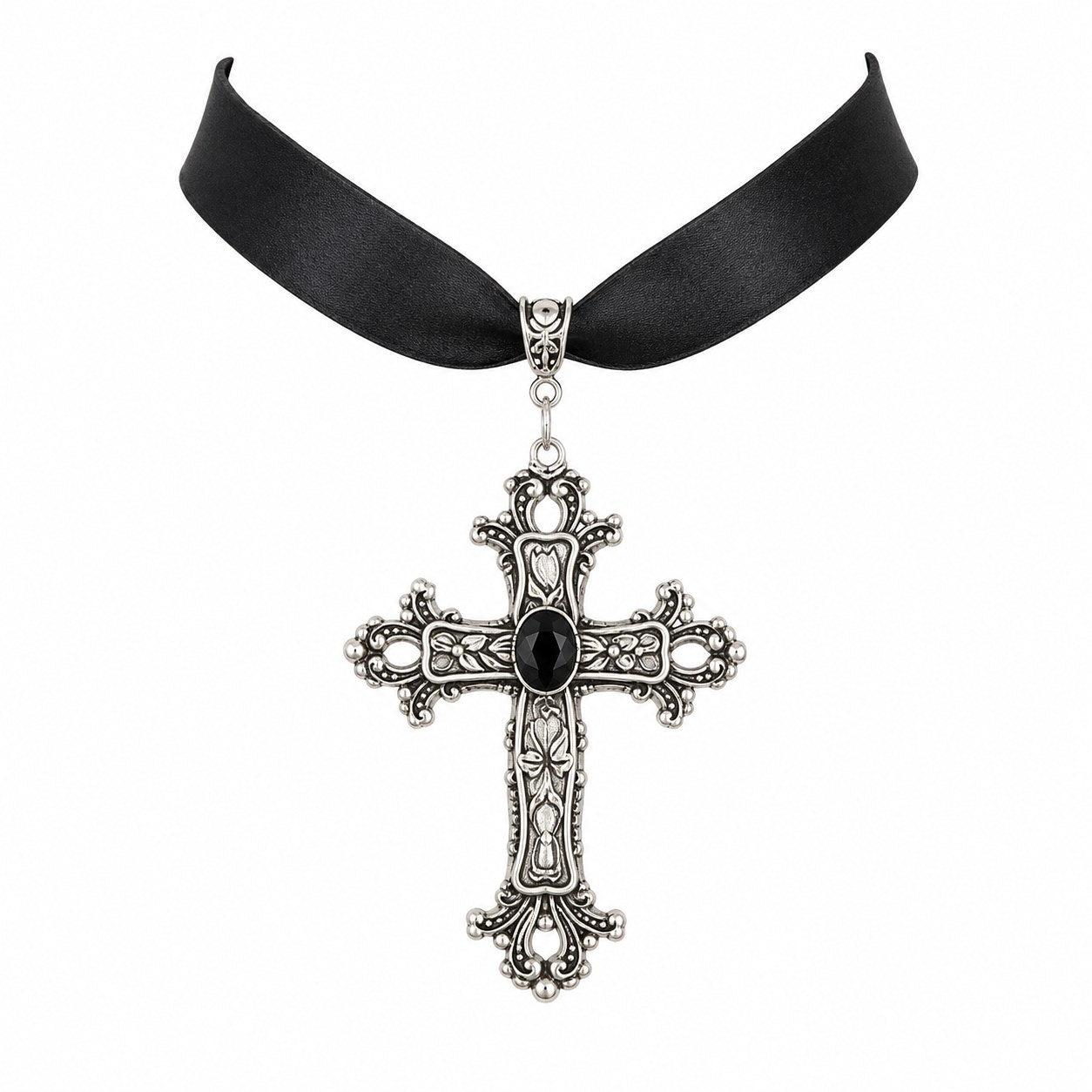 Large Gothic Cross Ribbon Choker Necklace - AltBrat