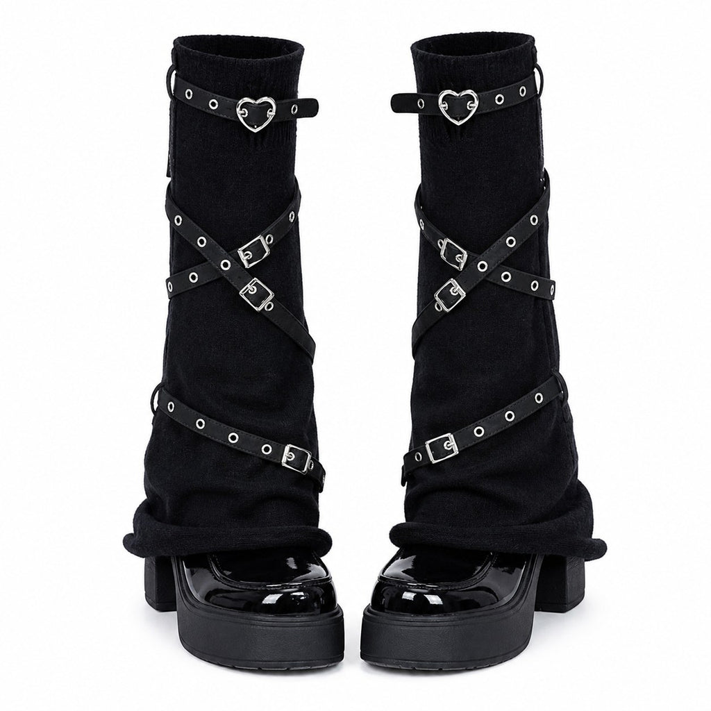 Heart Buckle Harness Knit Leg Warmers - AltBrat