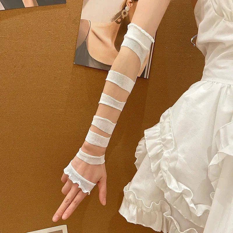 Women's Fingerless Bandage Gloves Retro JK Lolita Anime Concealing Hand Gloves Y2k Gothic Punk Hot Girl Ruffle Half-palm - AltBrat