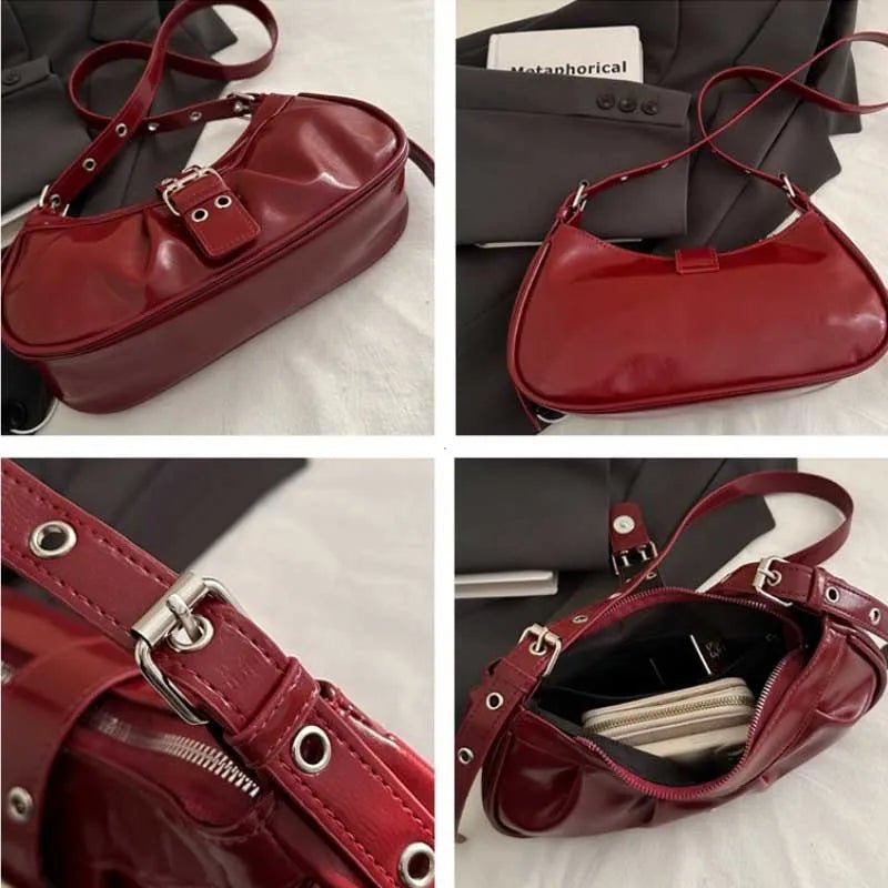 Retro Designer Buckle Armpit Bag Pu Leather Gothic Y2k Shoulder Bag Vintage Cross Body Spicy Girl Handbag Female Purses  - AltBrat