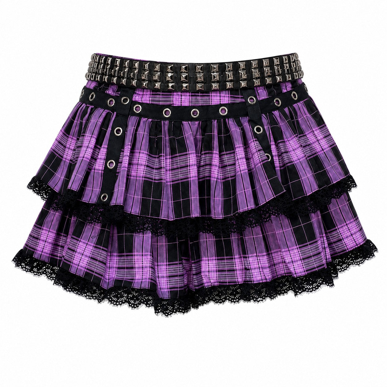 Purple Plaid Tiered Lace Ruffle Punk Skirt product - AltBrat