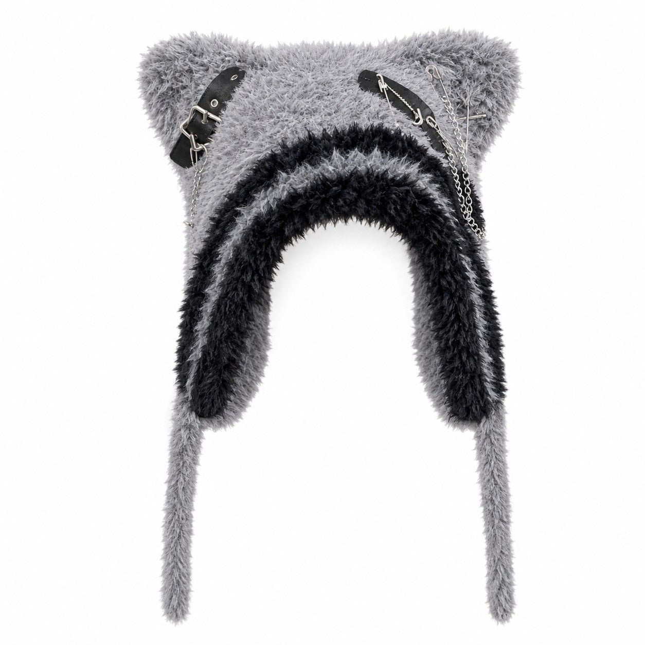 Fuzzy Bear Ear Knit Beanie with Chains & Cross - AltBrat