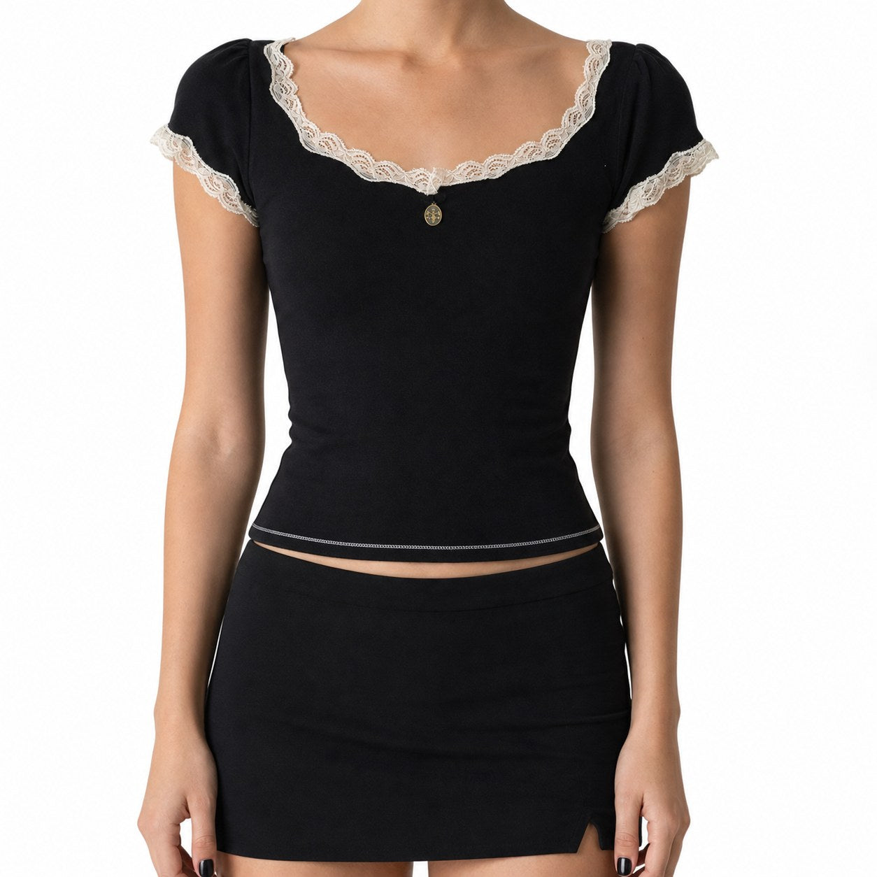 Lace-Trim Cap Sleeve Top with Cross Charm - AltBrat