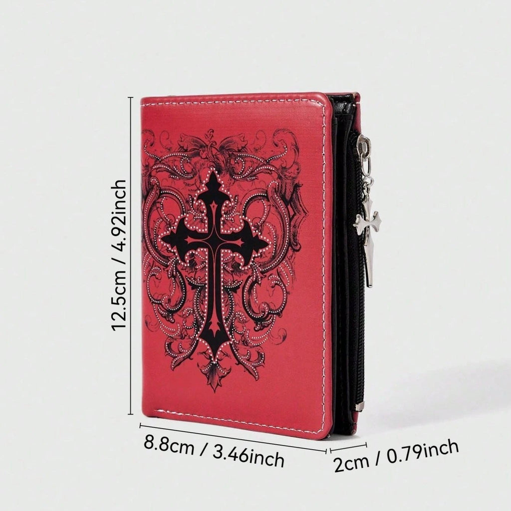 Gothic Red Unisex Wallet, Punk Cross Pattern Design, Zipper Coin Purse & Fashion Card Holder for Casual Daily Use - AltBrat
