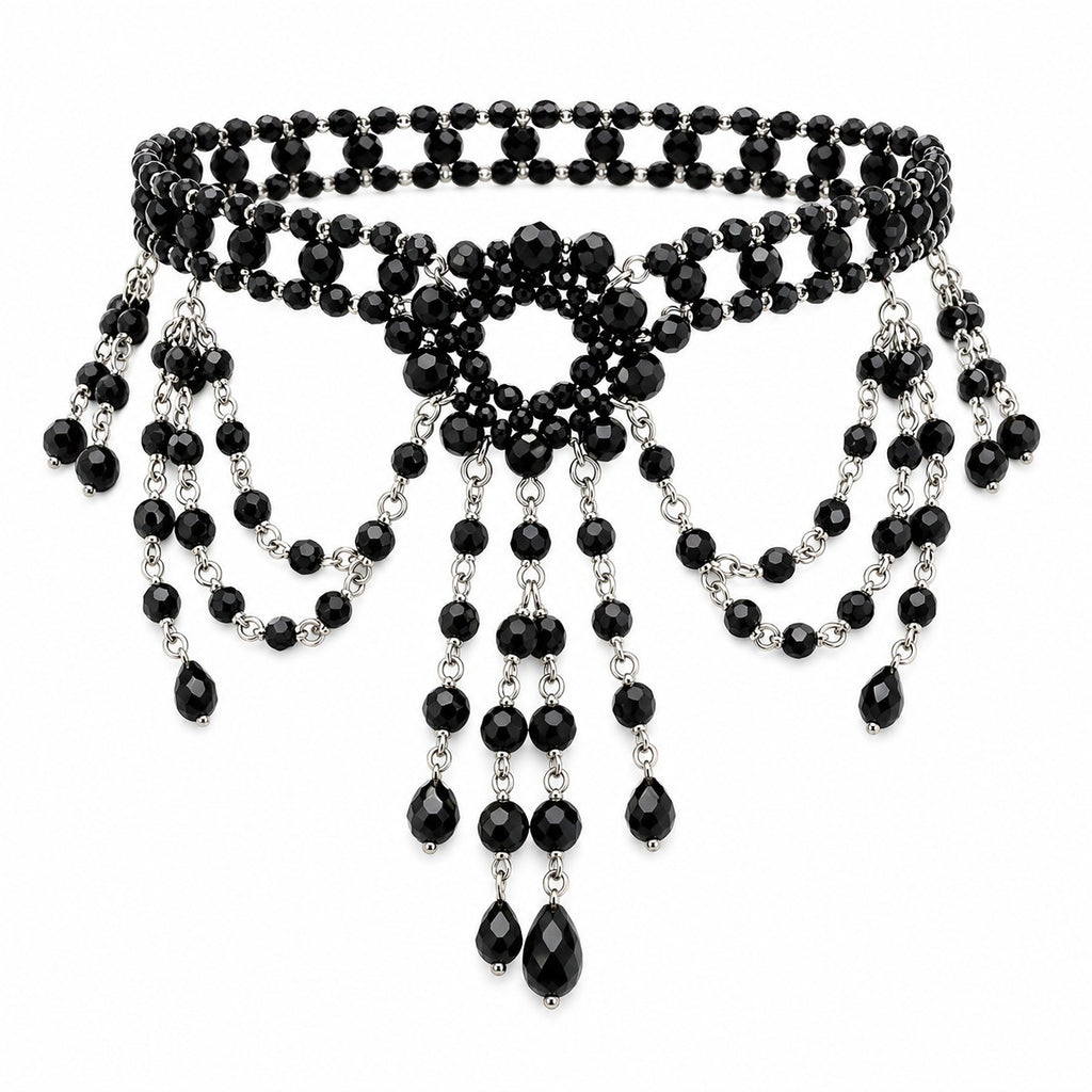 Black Beaded Choker & Earrings Set - AltBrat