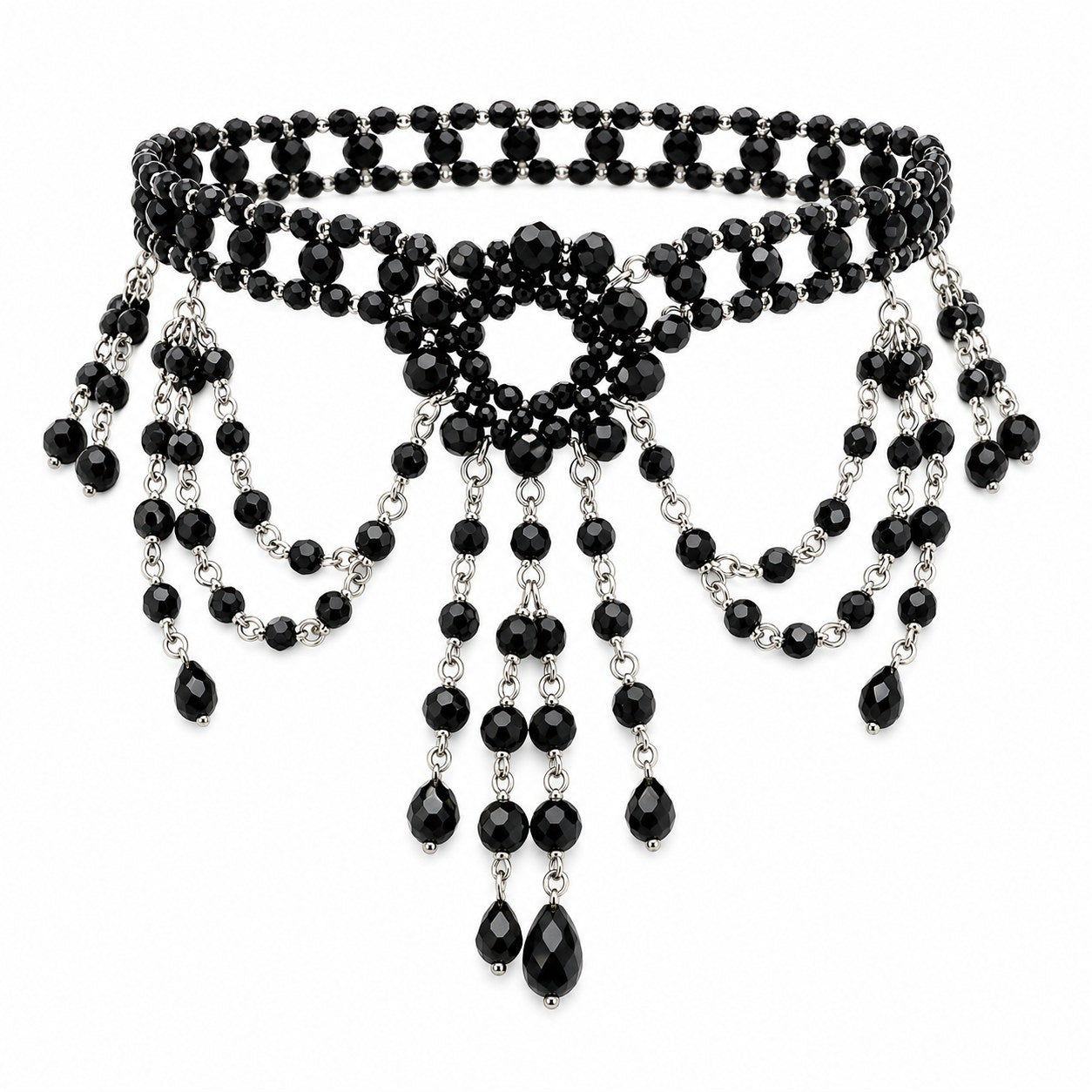 Black Beaded Choker & Earrings Set - AltBrat