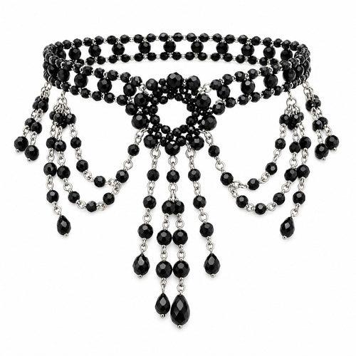 Black Beaded Choker & Earrings Set - AltBrat