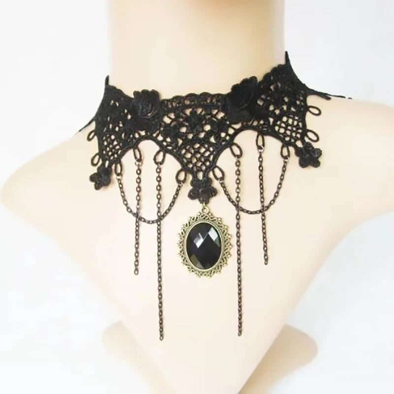 Gothic Lolita Black Lace short chain Choker Sexy Tassels Necklace Hollow out Big Rose Flower Punk Handmade Wedding Jewel - AltBrat