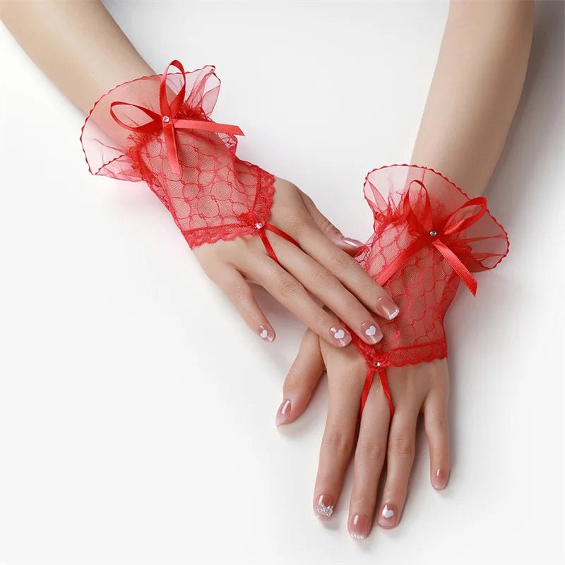 White Net Lace Fingerless Gloves with Ruffle Cuff - AltBrat