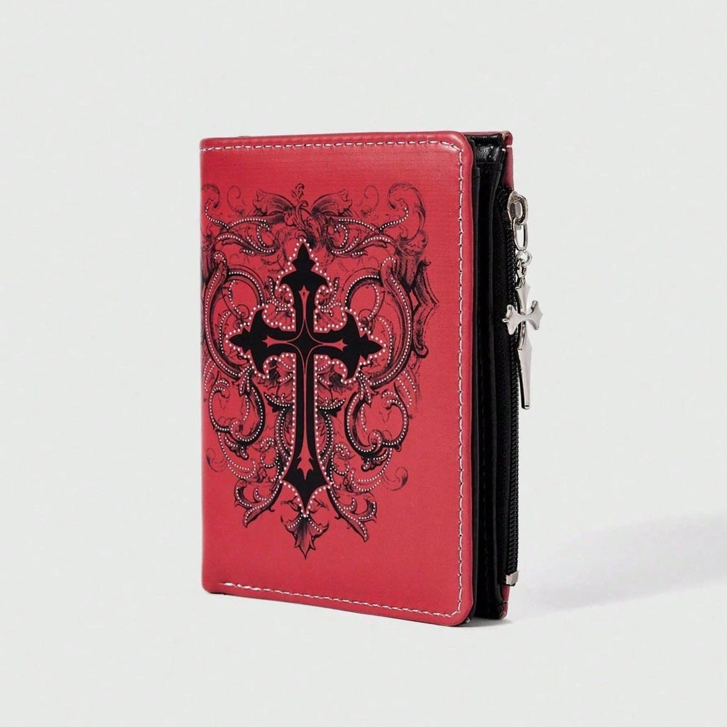 Gothic Red Unisex Wallet, Punk Cross Pattern Design, Zipper Coin Purse & Fashion Card Holder for Casual Daily Use - AltBrat