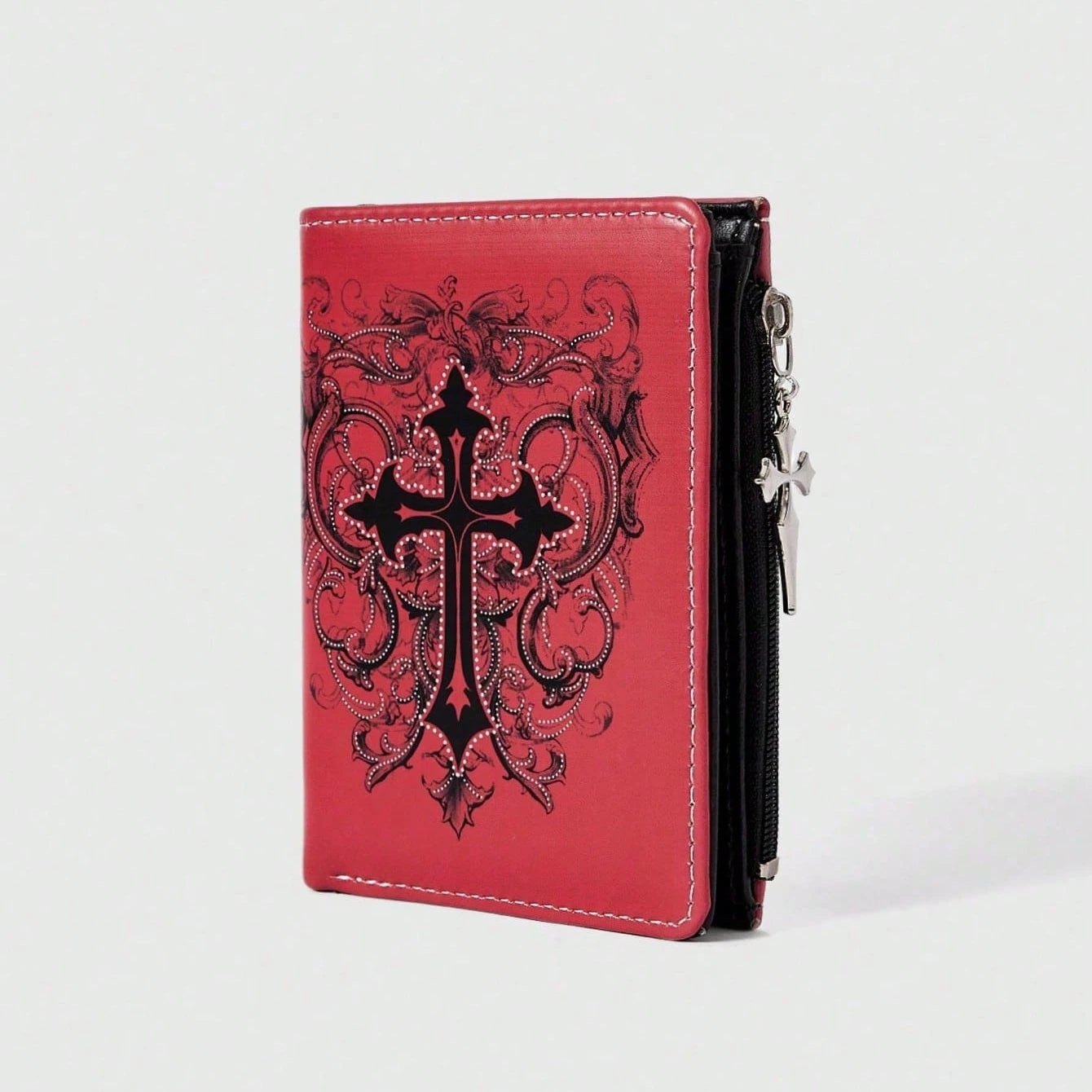 Gothic Red Unisex Wallet, Punk Cross Pattern Design, Zipper Coin Purse & Fashion Card Holder for Casual Daily Use - AltBrat