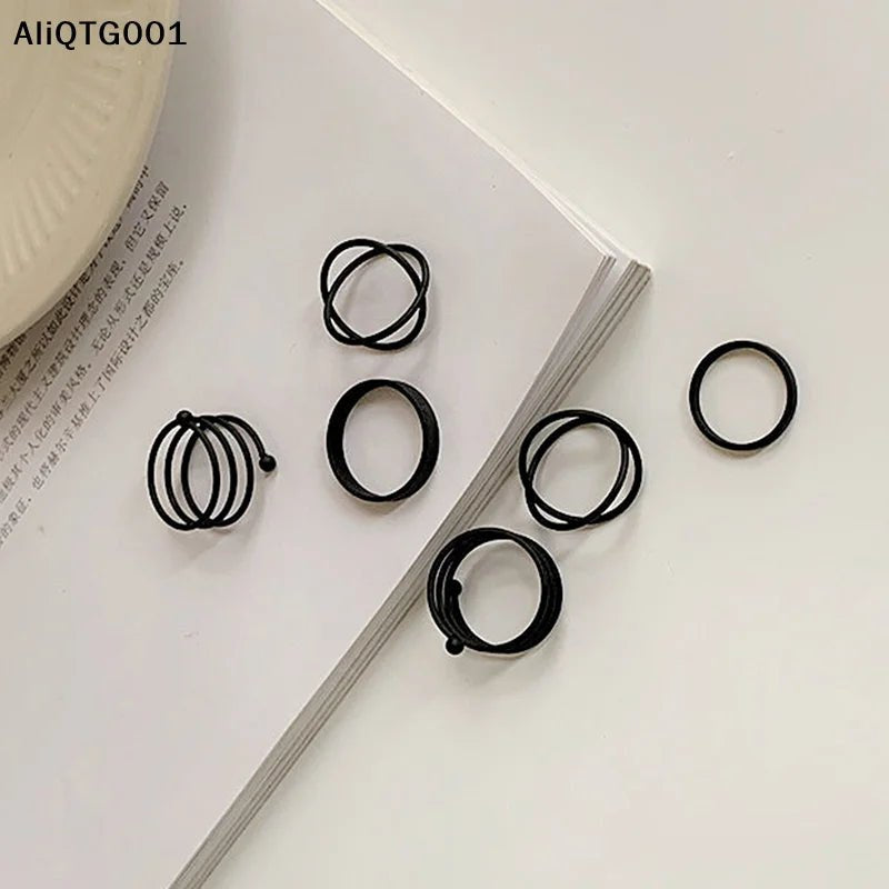 3/6pcs Vintage Black Punk Rings Set for Women Girls Simple Metallic Geometric Fashion Accessories - AltBrat