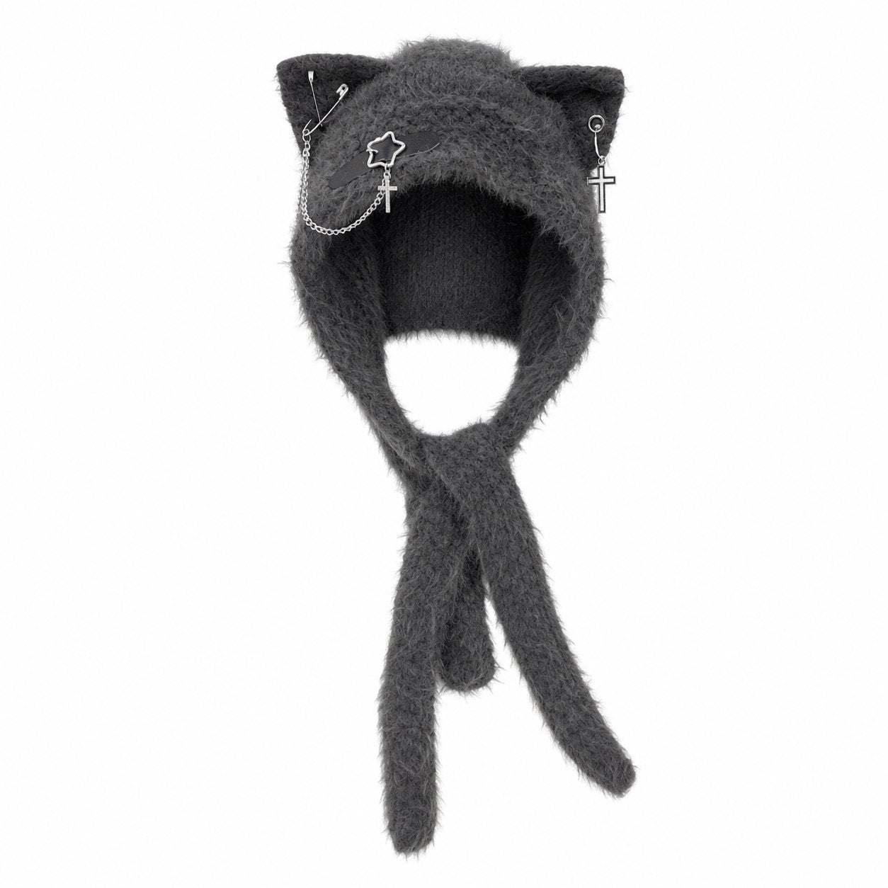Fuzzy Cat Ear Hood Hat with Charms & Chain - AltBrat