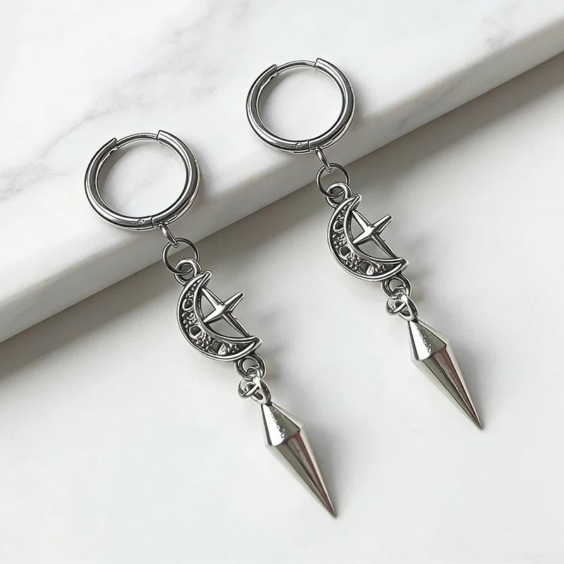 1 pair of punk rock stainless steel pointed star and moon earrings, suitable for women to wear Gothic jewelry accessorie - AltBrat
