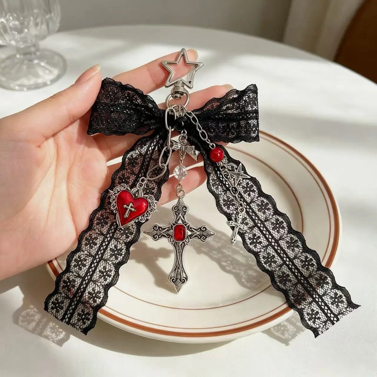 Gothic Black Lace Bow Cross Heart Tassels Star Key Chains Charms Y2K Red Crystal Pendant Keyring for Bags & Keys Accesso - AltBrat