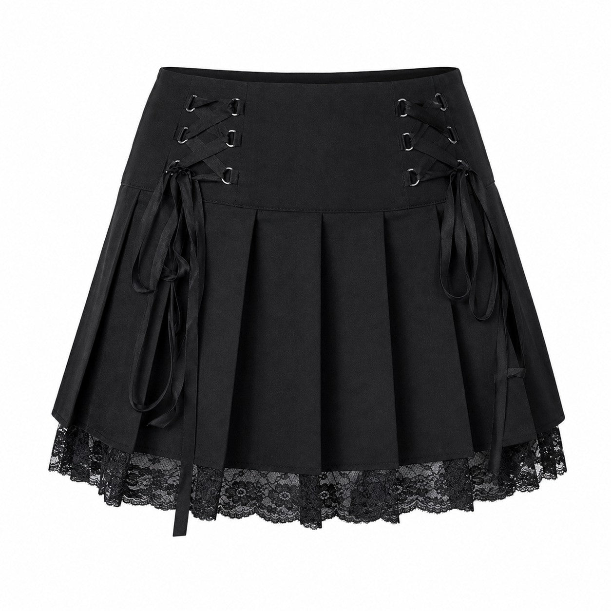 Corset Lace-Up Pleated Skirt with Floral Lace Hem product