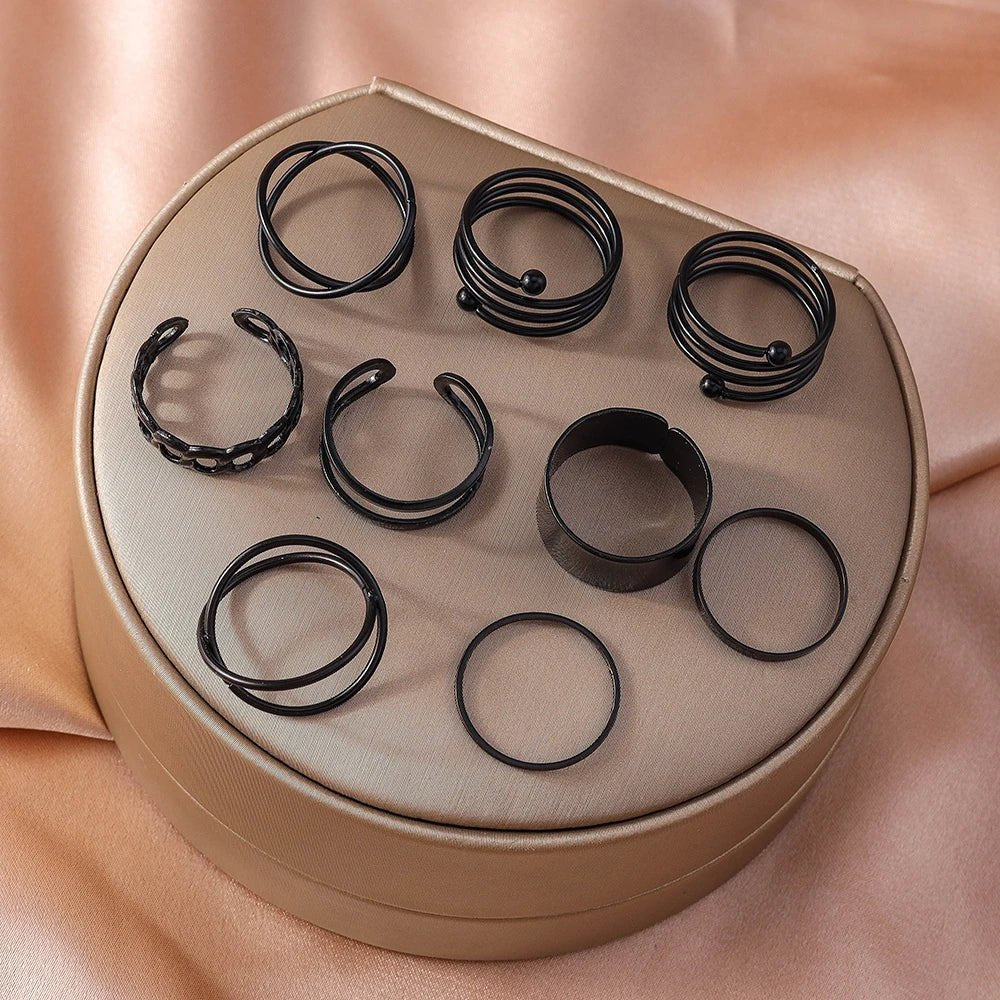 Aihua Punk Black Hollow Round Finger Rings for Women Men Vintage Gothic Geometric Cross Finger Ring Set Party Jewelry Gi - AltBrat