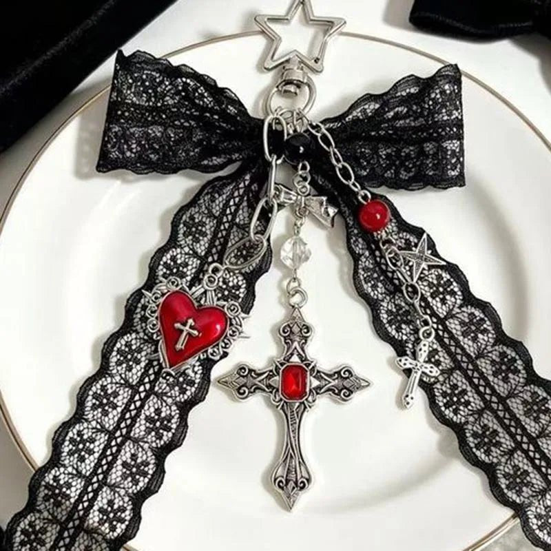 Gothic Black Lace Bow Cross Heart Tassels Star Key Chains Charms Y2K Red Crystal Pendant Keyring for Bags & Keys Accesso - AltBrat