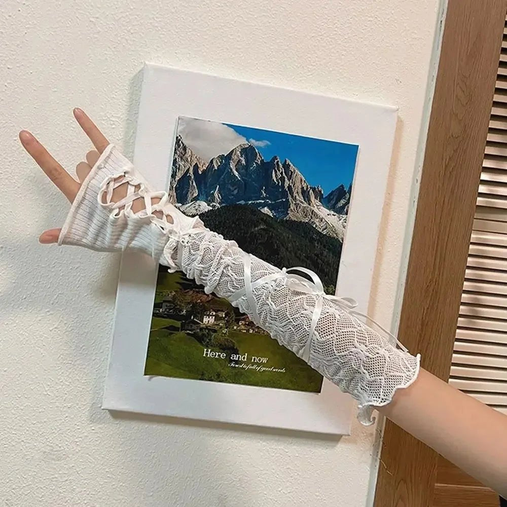 Women Lace Fingerless Gloves Black Gothic DIY Strapping Sunscreen Sleeve Clothing Accessories Elastic Mesh Punk Gloves - AltBrat
