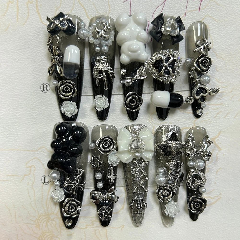 Cute Japanese Dark Jirai Long Tip Handmade Press On Nails Y2K Shibuya Spice Girl Fake Nails Bow Bear Rose Cross Glitter  - AltBrat