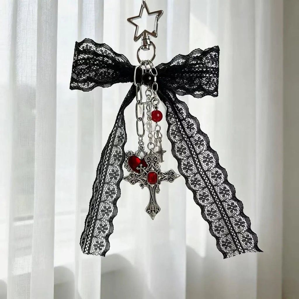 Gothic Black Lace Bow Cross Heart Tassels Star Key Chains Charms Y2K Red Crystal Pendant Keyring for Bags & Keys Accesso - AltBrat