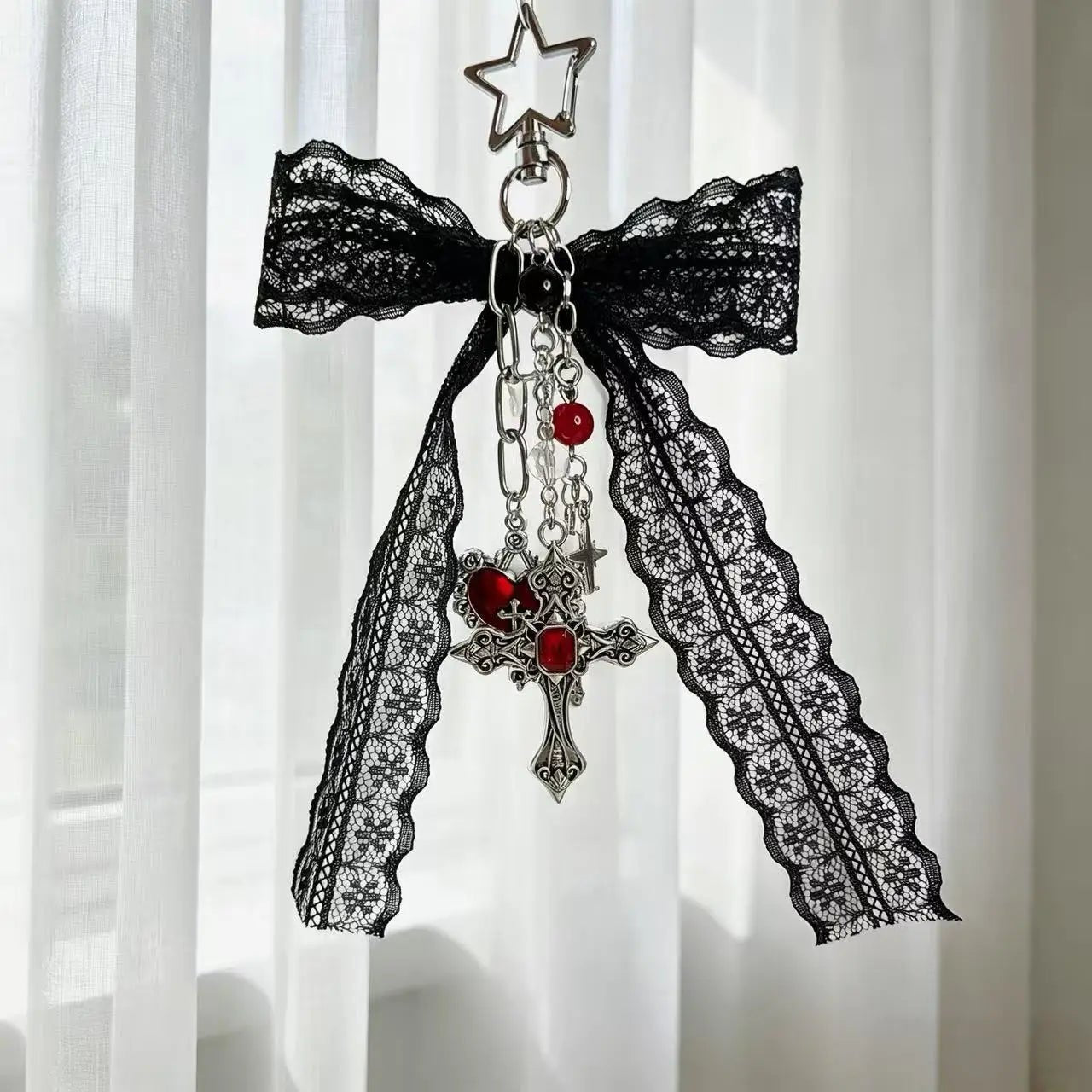 Gothic Black Lace Bow Cross Heart Tassels Star Key Chains Charms Y2K Red Crystal Pendant Keyring for Bags & Keys Accesso - AltBrat