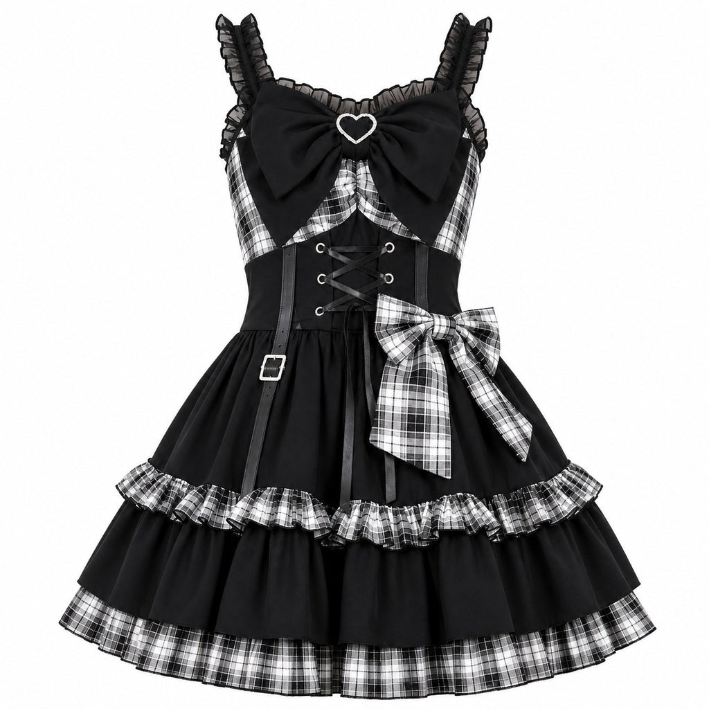 Plaid Lace-Up Heart Bow Lolita Dress - AltBrat