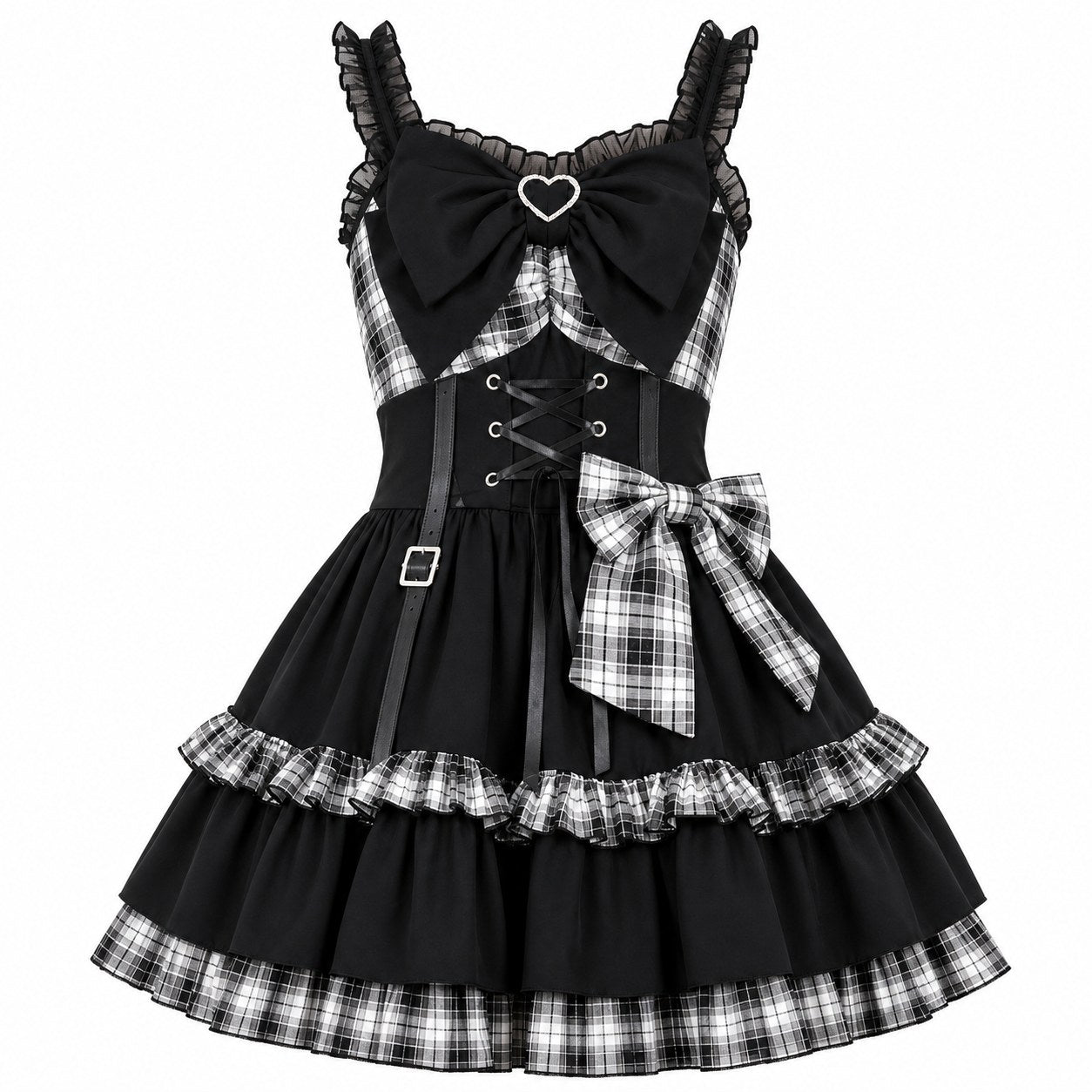 Plaid Lace-Up Heart Bow Lolita Dress - AltBrat