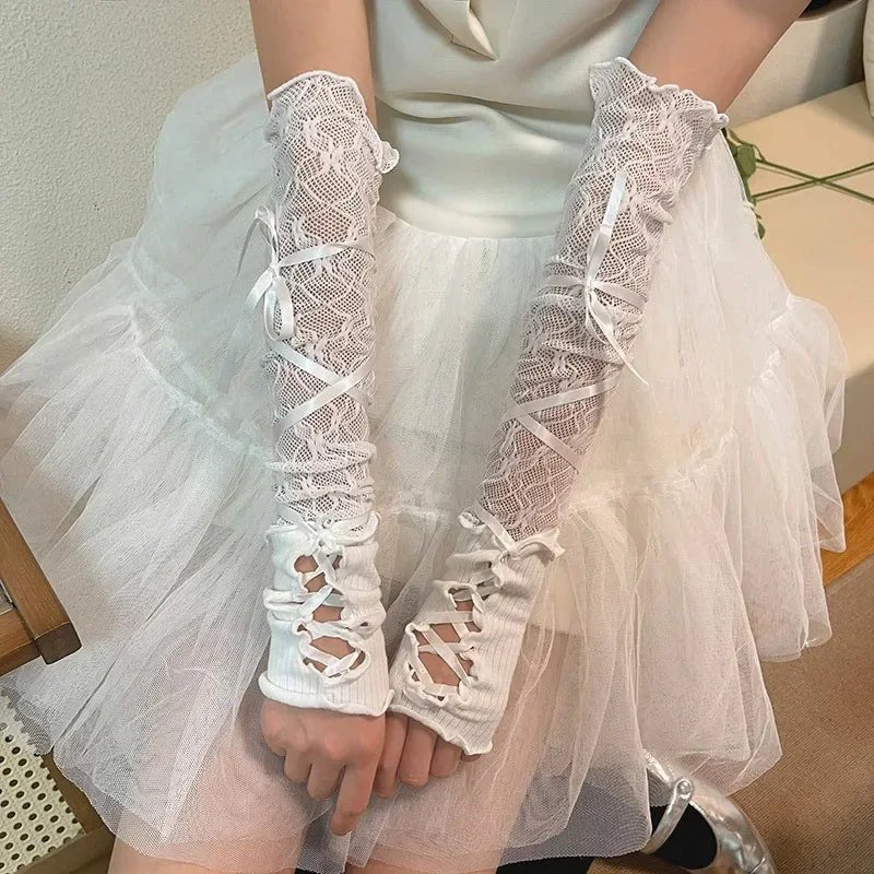 Women Lolita Jk Lace Fingerless Gloves Black Gothic DIY Strapping Sunscreen Sleeve Clothing Accessories Elastic Mesh Pun - AltBrat