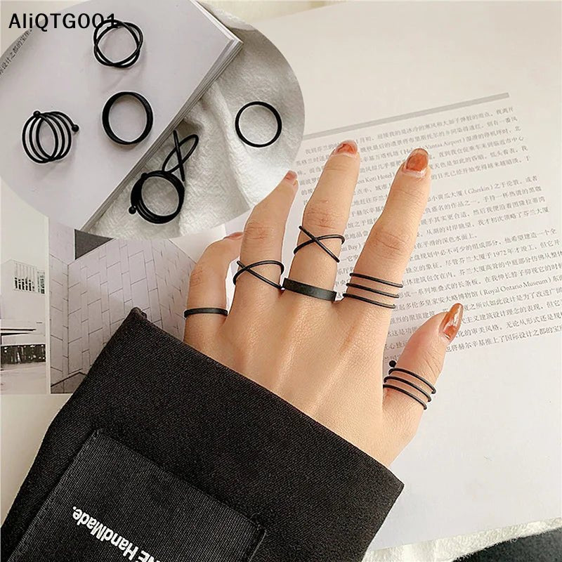 3/6pcs Vintage Black Punk Rings Set for Women Girls Simple Metallic Geometric Fashion Accessories - AltBrat